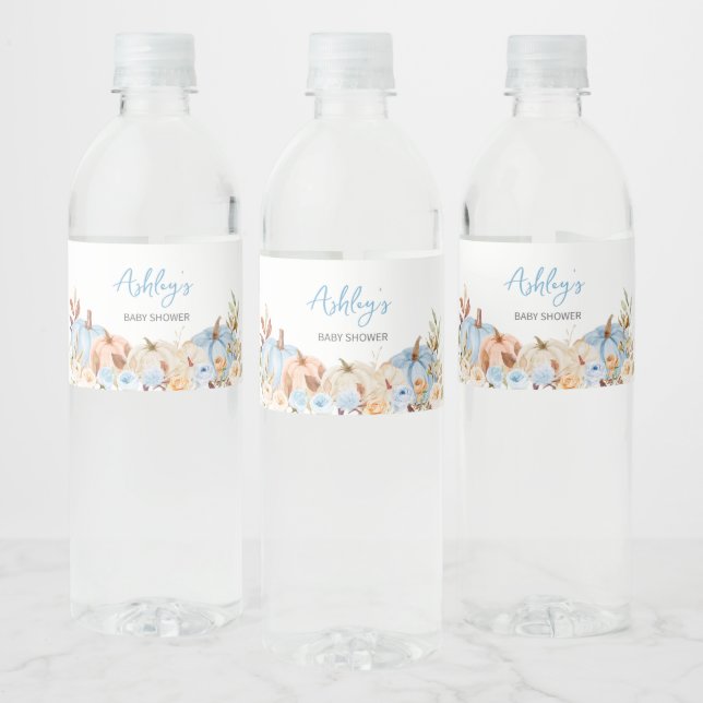 Fall Blue Pumpkin Baby Shower Water Bottle Label (Bottles)