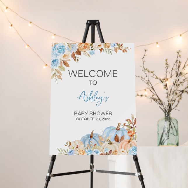 Fall Blue Pumpkin Baby Shower Welcome Sign (In Situ (Stand))