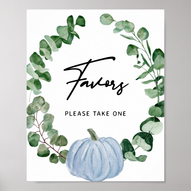 Fall Blue Pumpkin Favors Boy Baby Shower Sign (Front)