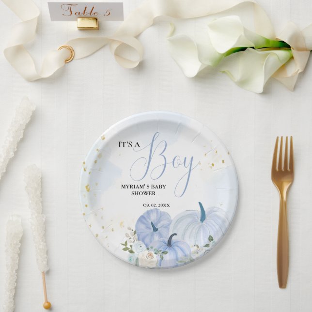 Fall Blue Pumpkin  Floral Boy  Baby shower  Paper Plates (Wedding)