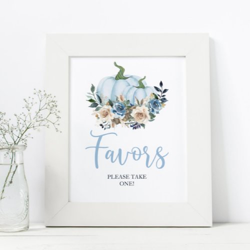 Fall Blue Pumpkin Floral Boy Shower Favors Poster