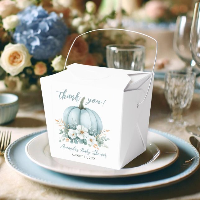 Fall Blue Pumpkin Floral Eucalyptus Baby Shower Favor Boxes (Little pumpkin is on his way boy favor box)