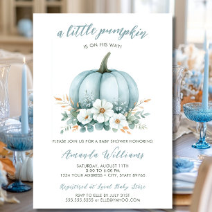 Fall Blue Pumpkin Floral Eucalyptus Baby Shower Invitation