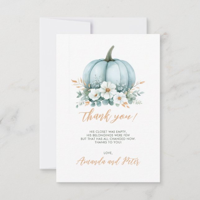 Fall Blue Pumpkin Floral Eucalyptus Baby Shower Thank You Card (Front)