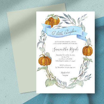 Fall Blue Pumpkin Greenery Baby Shower Invitation by VGInvites at Zazzle