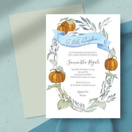 Fall Blue Pumpkin Greenery Baby Shower Invitation