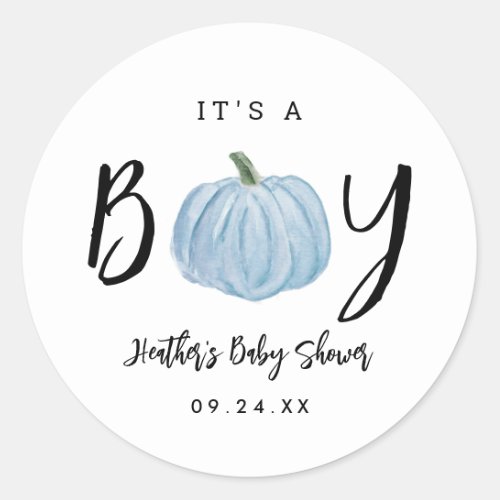 Fall Blue Pumpkin Its A Boy Baby Shower  Classic Round Sticker
