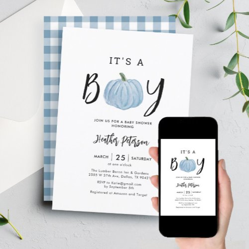 Fall Blue Pumpkin Its A Boy Baby Shower  Invitation