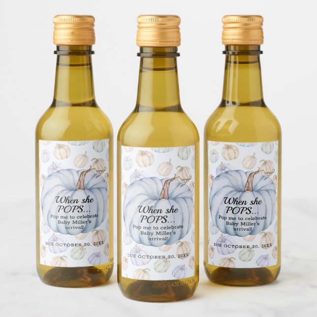 Fall Blue Pumpkin It's A Boy Baby Shower Mini Wine Label (Bottles)