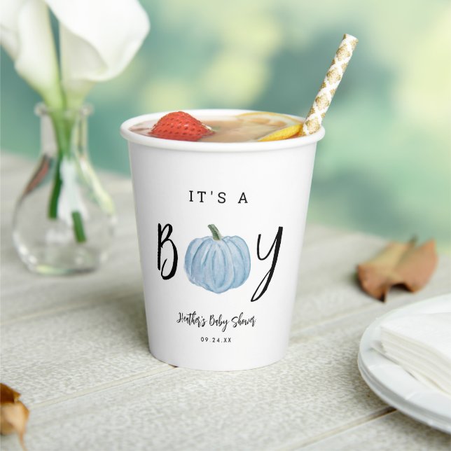 Fall Blue Pumpkin It's A Boy Baby Shower  Paper Cups (Insitu)