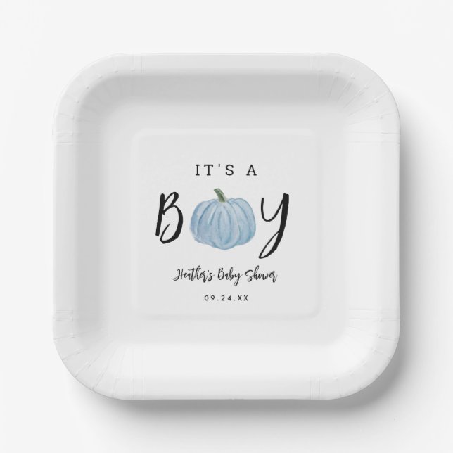 Fall Blue Pumpkin It's A Boy Baby Shower  Paper Plates (Front)