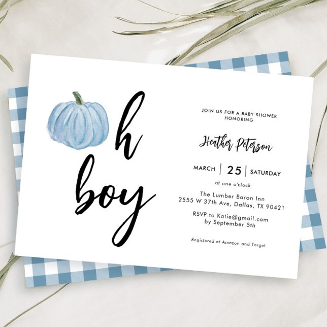 Fall Blue Pumpkin Oh Boy Baby Shower Invitation (Creator Uploaded)