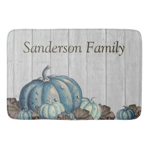 Fall Blue Pumpkin Rustic Cute Gray Wood Bath Mat