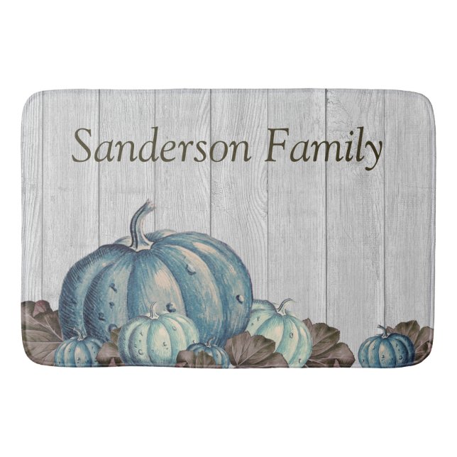 Fall Blue Pumpkin Rustic Cute Gray Wood  Bath Mat (Front)