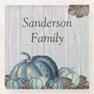 Fall Blue Pumpkin Rustic Cute Gray Wood Glass Coaster