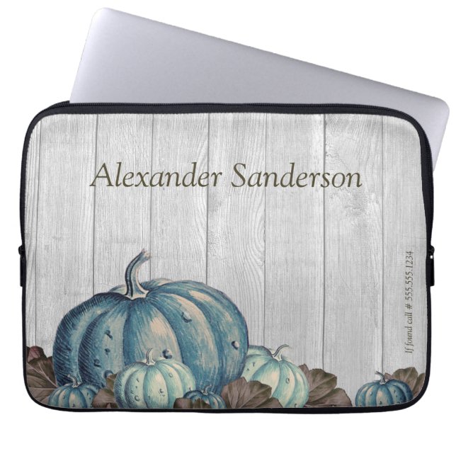  Fall Blue Pumpkin Rustic Cute Gray Wood Laptop Sleeve (Front)