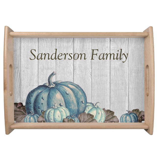  Fall Blue Pumpkin Rustic Cute Gray Wood  Serving Tray (Front)