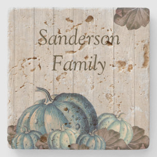 Fall Blue Pumpkin Rustic Cute Gray Wood Stone Coaster