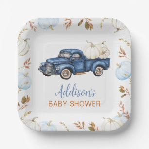 Fall Blue Pumpkin Truck Baby Shower Paper Plates