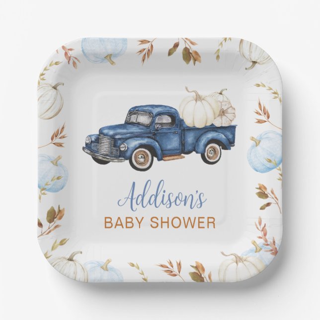 Fall Blue Pumpkin Truck Baby Shower Paper Plates (Front)