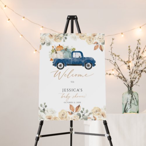 Fall Blue pumpkin truck baby shower welcome sign