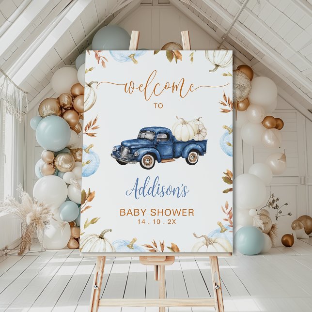 Fall Blue Pumpkin Truck Baby Shower Welcome Sign (Boys Little Pumpkin Baby Shower Welcome Sign Template, Fall Pumpkin Truck Baby Shower Welcome Sign)