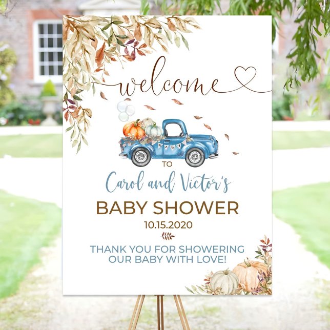 Fall Blue Pumpkin Truck Baby Shower Welcome Sign (Creator Uploaded)