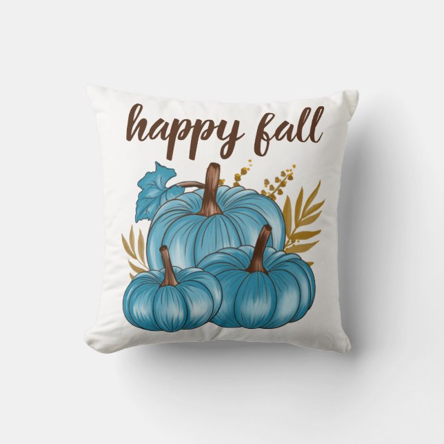 Fall Blue Pumpkins White Throw Pillow (Front)