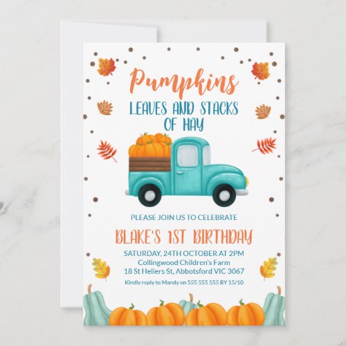 Fall Blue Truck Orange Pumpkin Boys Birthday  Invitation
