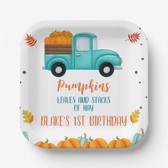 Fall Blue Truck Orange Pumpkin Boys Birthday Paper Plates (Front)