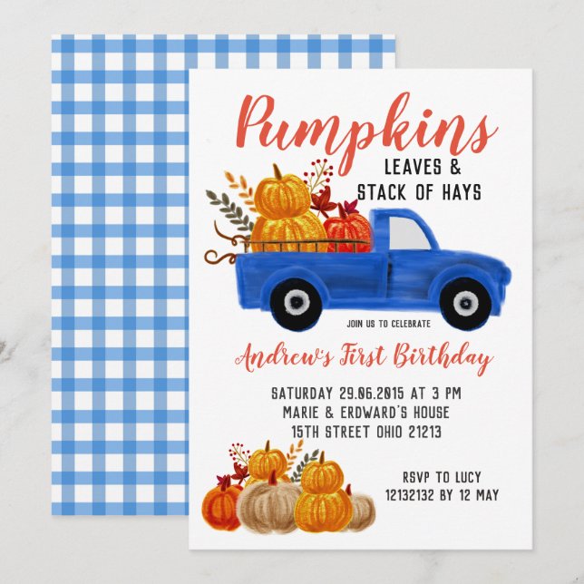 Fall Blue Truck Pumpkin Birthday invitation (Front/Back)