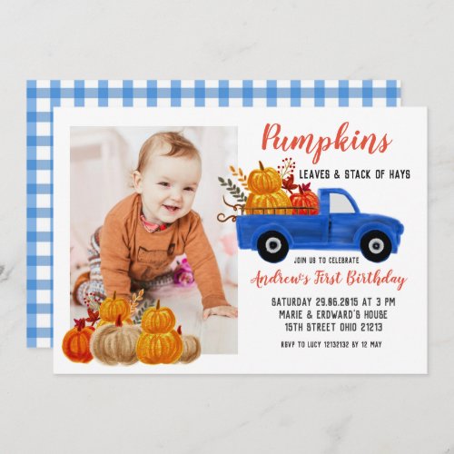 Fall Blue Truck Pumpkin Birthday with photo Invitation
