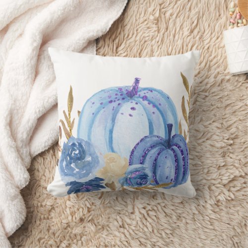 Fall blue Watercolor Pumpkins Throw Pillow