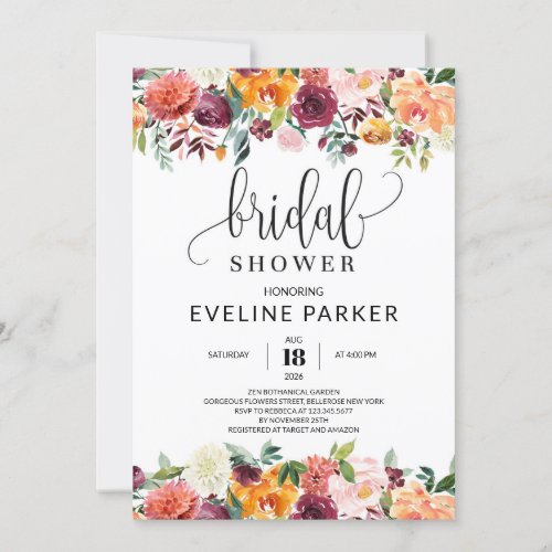 Fall blush burgundy orange Floral Bridal Shower Invitation