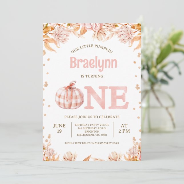 Fall Blush Floral Rustic Pumpkin 1st Birthday  Invitation (Standing Front)