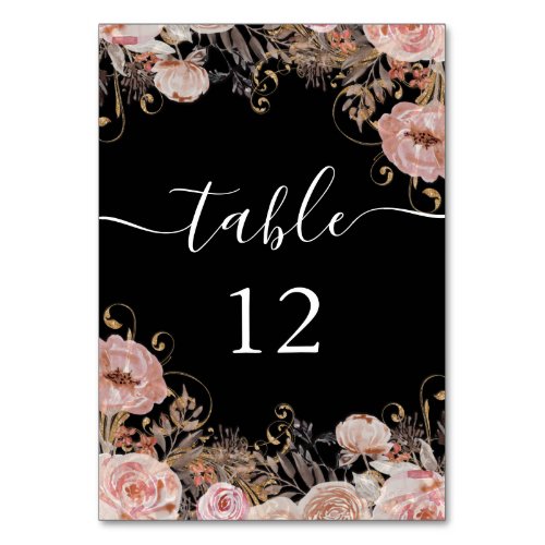 Fall Blush Pink Black Watercolor Floral Rose Gold Table Number