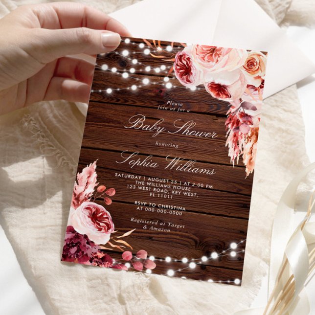 Fall Bohemian Rose Rustic Wood Baby Shower Invitation (Creator Uploaded)