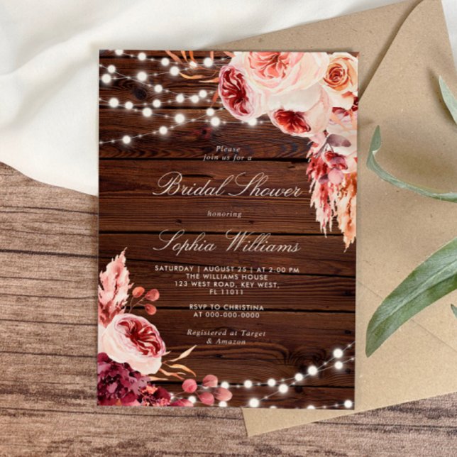 Fall Bohemian Rose Rustic Wood Bridal Shower Invitation (Creator Uploaded)