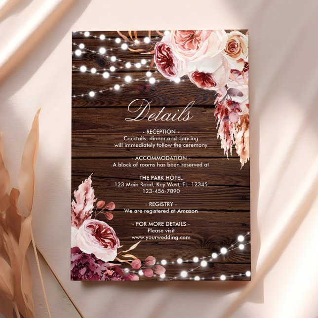 Fall Bohemian Rose Rustic Wood  Wedding Details Enclosure Card (Creator Uploaded)