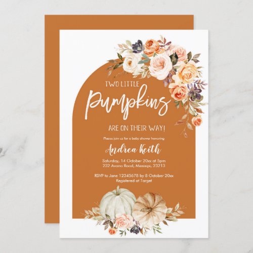 Fall Boho Arch Pumpkin Floral TWINS baby shower Invitation
