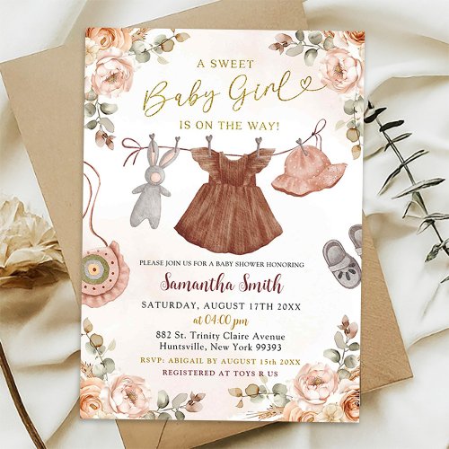 Fall Boho Autumn Floral Girl Baby Clothes Shower Invitation