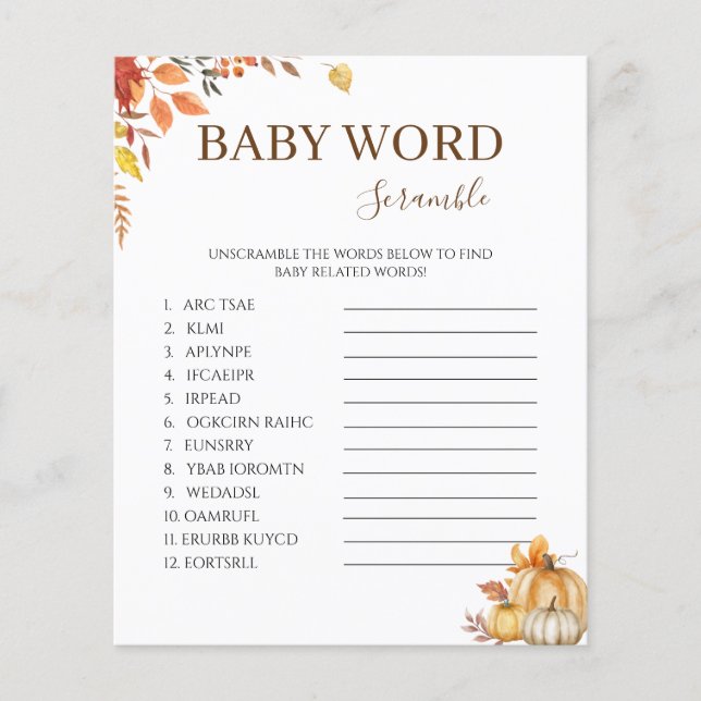 Fall Boho  Baby Shower Word Scramble Game (Front)