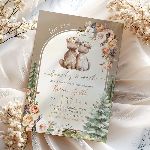 Fall Boho Bear Woodland Forest Floral Baby Shower Invitation