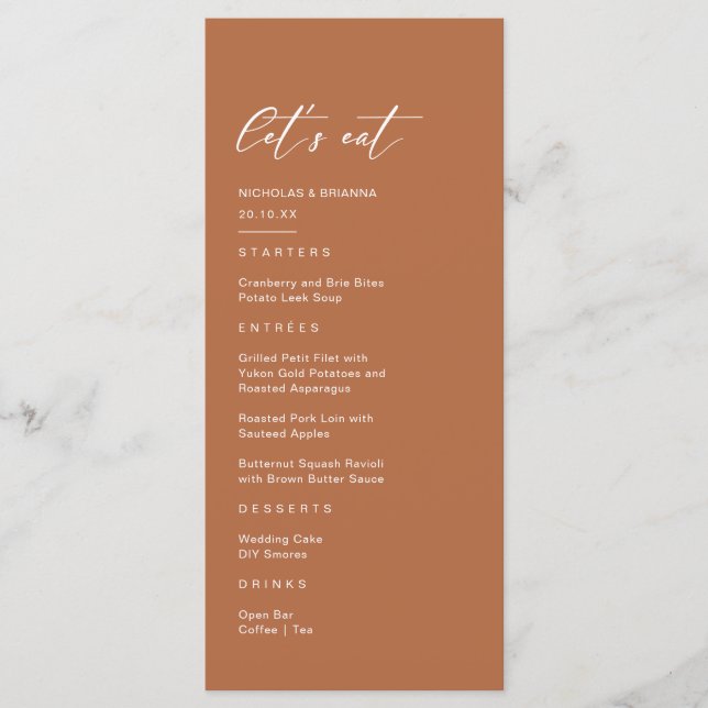 Fall Boho Burnt Orange Wedding Menu (Front)