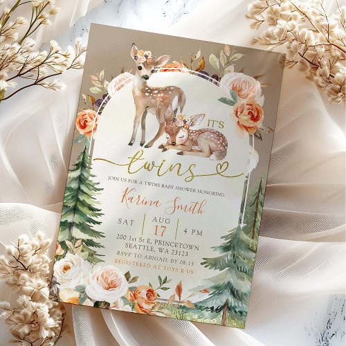 Fall Boho Deer Twins Girl Floral Baby Shower Invitation