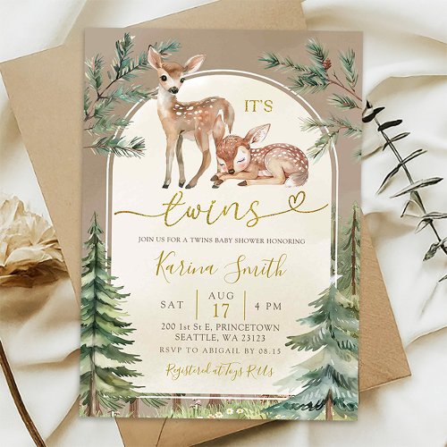 Fall Boho Deer Twins Woodland Baby Shower Invitation