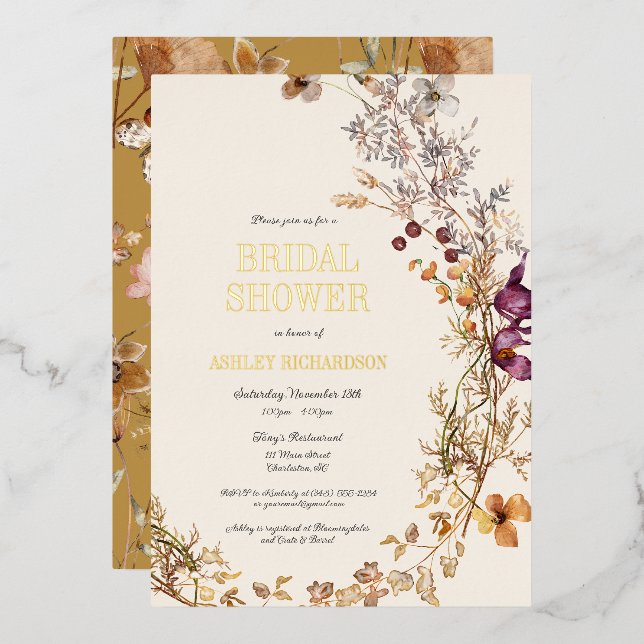 Fall Boho Floral Bridal Shower Foil Invitation (Front/Back)