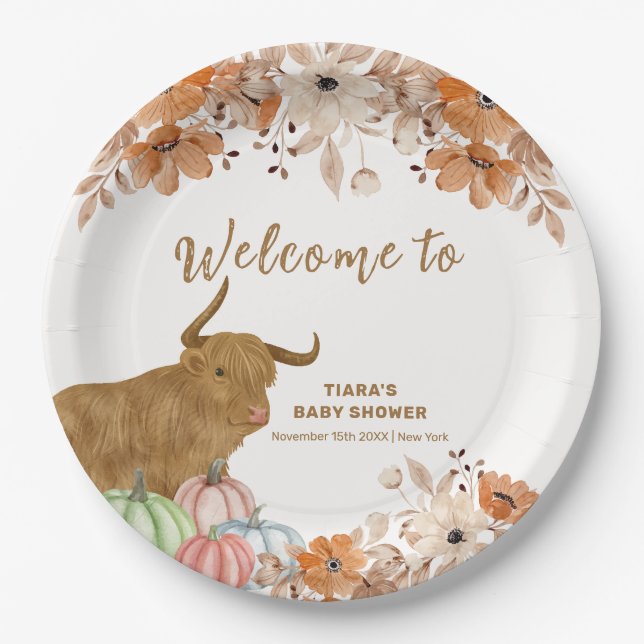 Fall Boho Floral Highland Cow Baby Shower Welcome Paper Plates (Front)