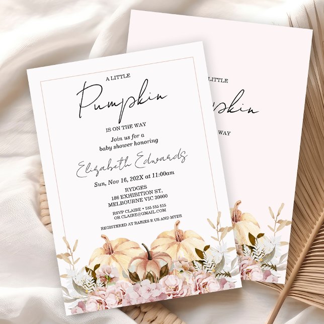 Fall Boho Floral Little Pumpkin Baby Shower  Invitation (Girls Little Pumpkin Baby Shower Invitation, Fall Boho Floral Pumpkin Baby Shower Invite, Autumn )