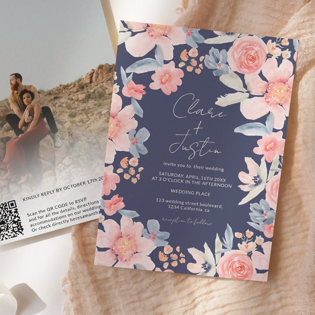 Fall boho floral names photo Qr code wedding Invitation (Creator Uploaded)